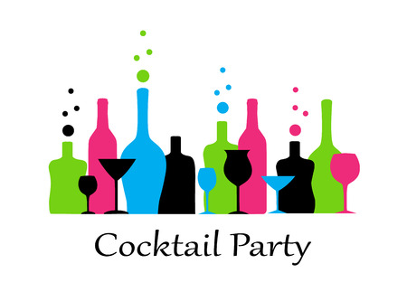 bright colorful bottles and glasses stand in a rowのイラスト素材