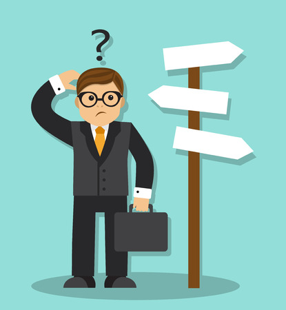 Cartoon businessman with briefcase standing and did not know which way to goのイラスト素材