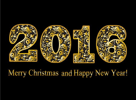 Christmas black background and gold numbers 2016 with a pattern of curlsのイラスト素材