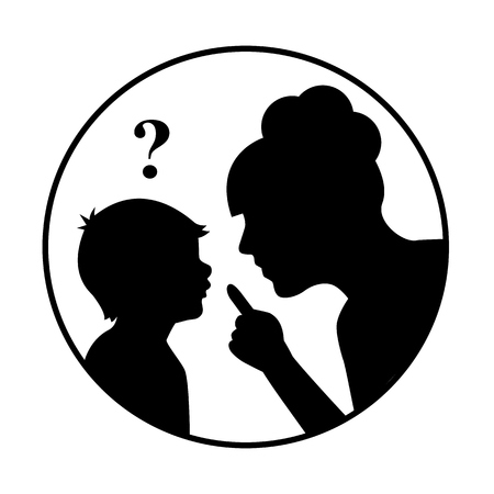 silhouette mother scolds a child and threatens finger. The child does not understand, above his head, question mark.のイラスト素材