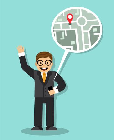happy businessman holding telefon.Telefon with the navigator shows the person's whereabouts on the mapのイラスト素材