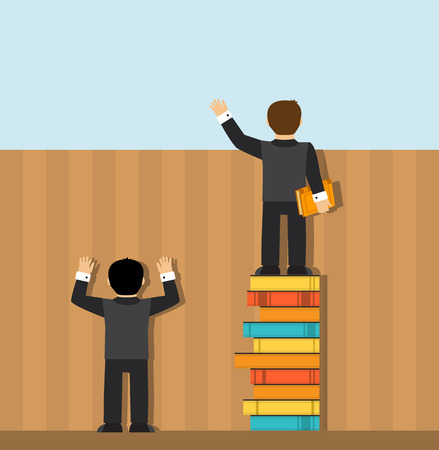 Two people standing in front of a fence. One man standing on the ground, and only sees the wall. Another man is standing on a pile of books and sees everything behind the fence.のイラスト素材