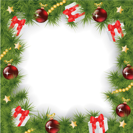 Square Christmas background with fir branches, decorations and giftsのイラスト素材