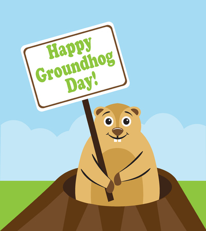 Groundhog peeps out from burrows and holds in paws plate with congratulationsのイラスト素材