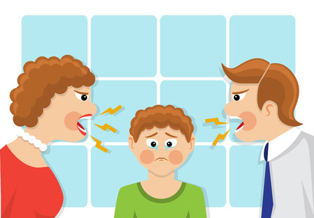 Parents scream and scold the child. The child was crying and upset. The conflict of generations and family quarrel. illustrationのイラスト素材