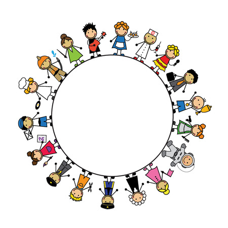 Set Cartoon Children in costumes of different professions and white circular backgroundのイラスト素材