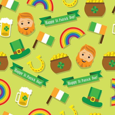 Seamless square pattern on a green background with different symbols of St. Patrick's Dayのイラスト素材