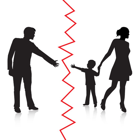 silhouette of a man reaching to his young child, but the mother removes the child to the other side and is separated from the fatherのイラスト素材