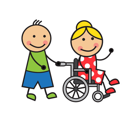 Cartoon woman in a wheelchair and a man wheelchair wheelsのイラスト素材