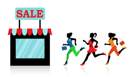 The shop big sale and three women ran to the storeのイラスト素材