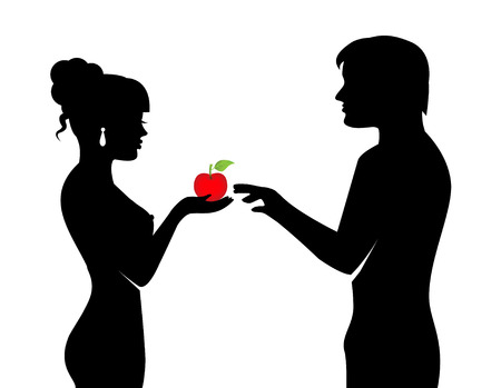 Silhouette outspoken woman holding an apple on palm and hands it to the manのイラスト素材