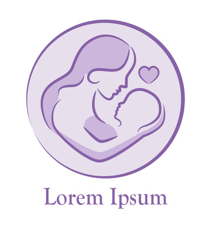 female silhouette holding his young child. Silhouettes are drawn with thin linesのイラスト素材