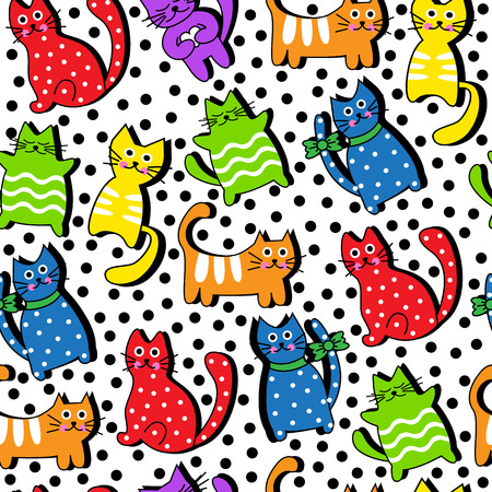 Cartoon seamless multicolored cats and black circles on a white backgroundのイラスト素材
