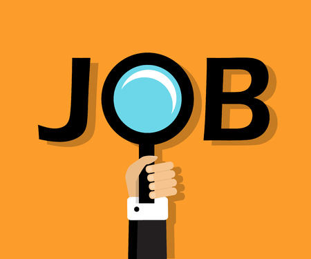 hand holding a magnifying glass and shows the word job on an orange backgroundのイラスト素材