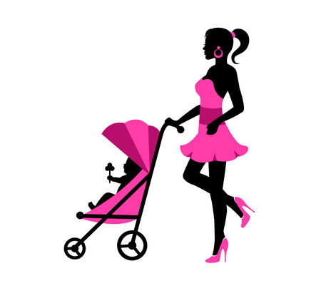 Young woman in a dress and walking with a baby stroller rollsのイラスト素材