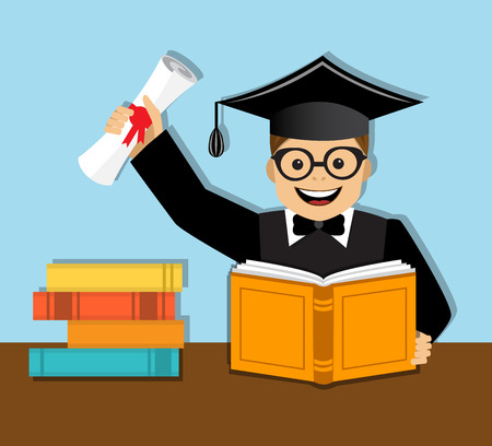 Happy graduate in a hat holding a diploma and a book in their handsのイラスト素材