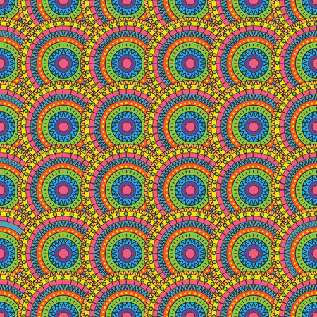 Seamless square pattern with colored circles and different elementsのイラスト素材