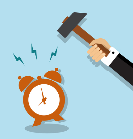 alarm clock ringing loudly and it stretches a hand holding a hammerのイラスト素材