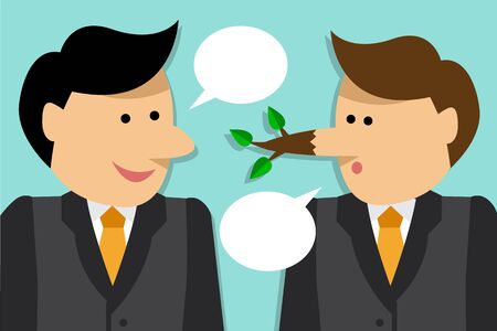 Two businessmen talking. One man grows a long nose like Pinocchio because he liedのイラスト素材