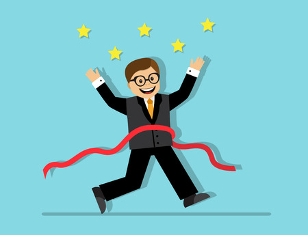 Businessman running at the finish line with a red ribbon and enjoys his victory and successのイラスト素材