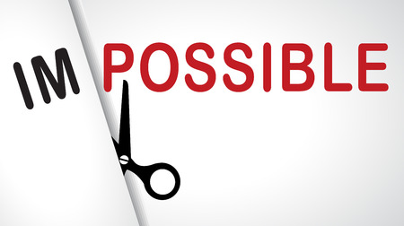 the word "impossible" is written on paper and scissors cut from the first two letters of the word, and it turns out "possible"のイラスト素材