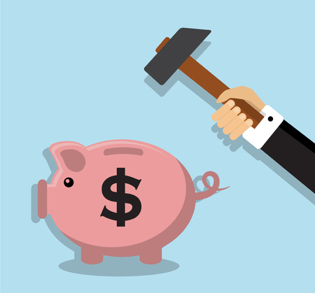 businessman's hand holding a hammer and is preparing to break the piggy bank with coinsのイラスト素材