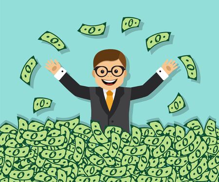 Happy businessman sitting in a huge pile of moneyのイラスト素材