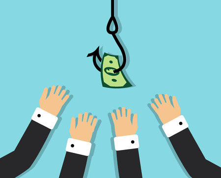 business people eagerly pulling his hands to the hook on which hung the moneyのイラスト素材
