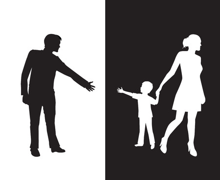 silhouette of a man reaching to his young child, but the mother removes the child to the other side and is separated from the father.Dad and mom with a baby on different backgroundsのイラスト素材