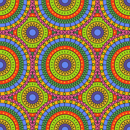 Seamless background with multi-colored circles and abstract ethnic patternsのイラスト素材