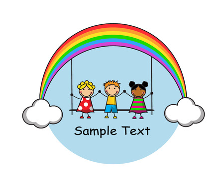 funny kids are sitting on a swing, a swing hanging on rainbow and cloudsのイラスト素材