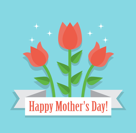 three red tulip and paper ribbon with the wishes of a happy festive dayのイラスト素材