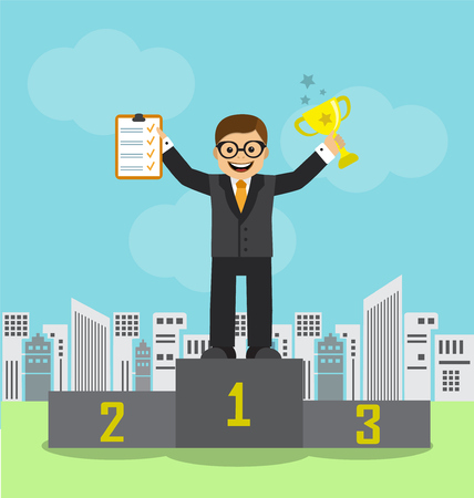 happy businessman stands on pedistale mail and holding a cup and made a plan. In the background one can see the skyscrapers of a big city and the skyのイラスト素材