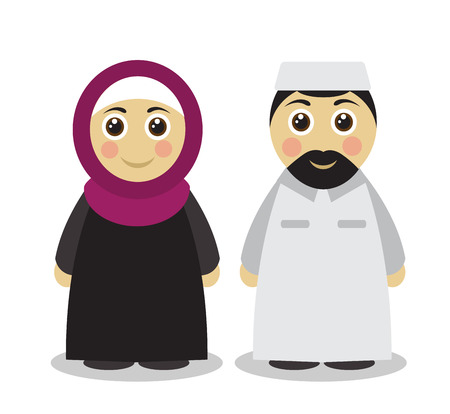 Cute Cartoon Muslim man and woman in traditional Islamic clothing on a white backgroundのイラスト素材