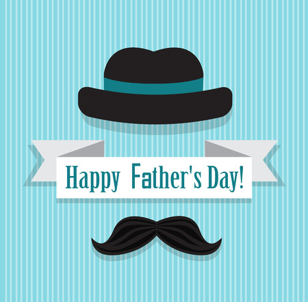 black hat, mustache and festive ribbon with the inscription in his father's day on a blue backgroundのイラスト素材