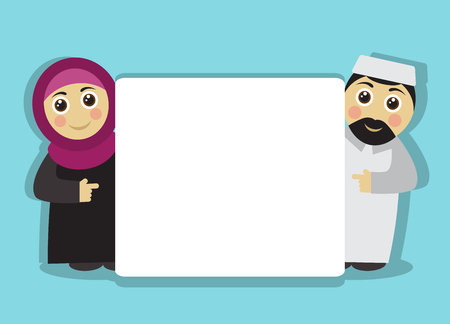 Muslim man and a woman holding a blank bannerのイラスト素材