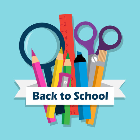 school stationery and a white ribbon with the words back to schoolのイラスト素材