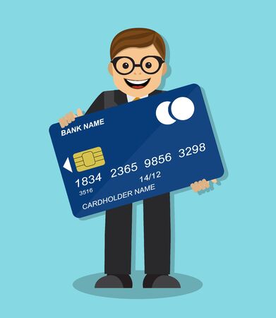 joyful businessman standing and holding a credit cardのイラスト素材