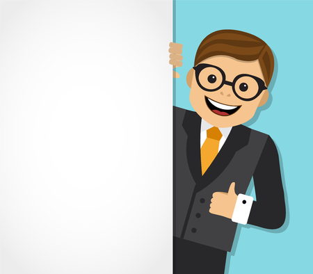 businessman looks out from behind a white background and shows an unfilled handのイラスト素材