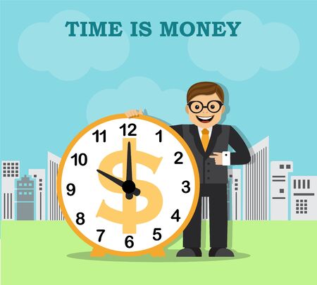 businessman and a large clock on the background of the cityのイラスト素材