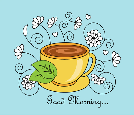 cup of tea with leaves on a background of whorlsのイラスト素材