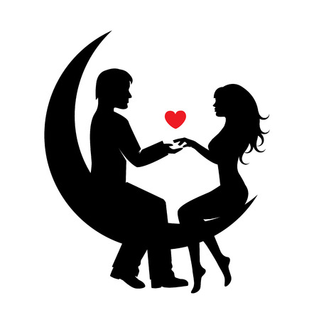 silhouettes of a couple in love sitting on the crescentのイラスト素材