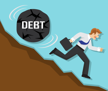 businessman running fast from the mountain, but for businessman rolling a big stone with the word "debt"のイラスト素材