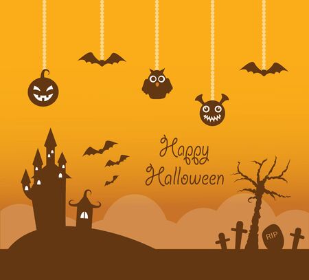 Castle Witches and the cemetery on the hill on an orange background. Top line length hanging Halloweenのイラスト素材