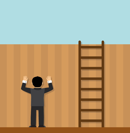man standing face to the wall and does not see that standing next to the ladder, and you can solve the problemのイラスト素材