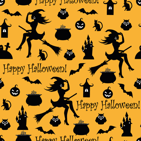 seamless square background with symbols of Halloween silhouettes on an orange backgroundのイラスト素材