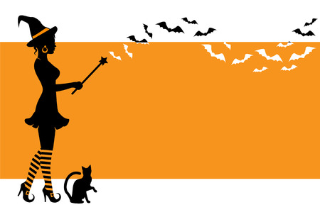 elegant silhouette of a witch holding a magic wand and flying bats. Witch is wearing a hat and striped stockings. Vedbma standing on an orange background with space for textのイラスト素材