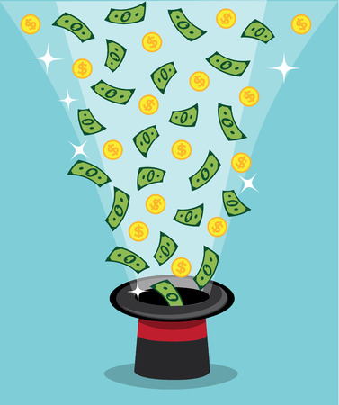 magician cylinder from which fly out gold coins and paper moneyのイラスト素材