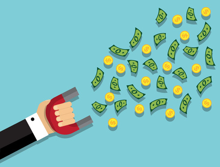 hand in a suit holding a magnet and a magnet flying money and coinsのイラスト素材