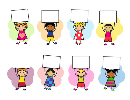 Cartoon kids in bright clothes with placards in their handsのイラスト素材